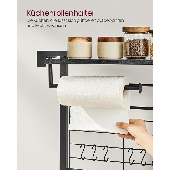 Стелаж кухонний VASAGLE KKS026B01, підлоговий, з магнітною смугою для ножів, кошиком, тримачем для рушників, 12 гачків, вінтажний коричневий-чорний