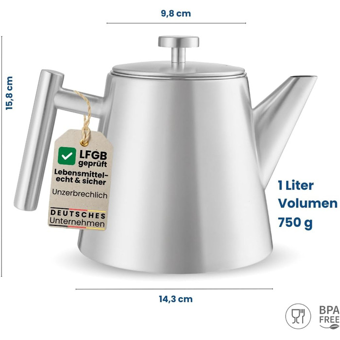 Заварник для чаю Teekanne з ситечком, 1 л, нержавіюча сталь, з функцією підігріву та пробковим підстаканником, двостінний чайник для листового чаю та трав'яних настоїв