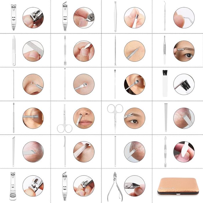 Набір для манікюру та педикюру 23 шт. Професійний набір для стрижки нігтів з нержавіючої сталі з дорожньою косметичкою з шкіри (Золото/Срібло)