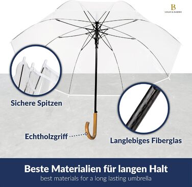 Logan & Barnes Transparent Wedding Umbrella - 120cm Diameter with Real Wood Handle - Elegant Large Umbrella for 2 People - Cardiff Model (XL, Transparent with White Trim)