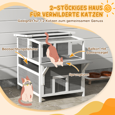 PawHut Cat Cave, Pine Wood Cat House, Cat House with Balcony, Entrances, for Cats up to 5 kg, Outdoor, 64 x 87 x 76 cm, Light Gray | Aosom