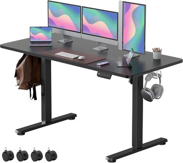VOSATRON Electric Height Adjustable Desk 160x60cm - Standing Desk with Memory Control & Anti-Collision Technology, Wheels, Joining Board, Black Frame/Black Tabletop