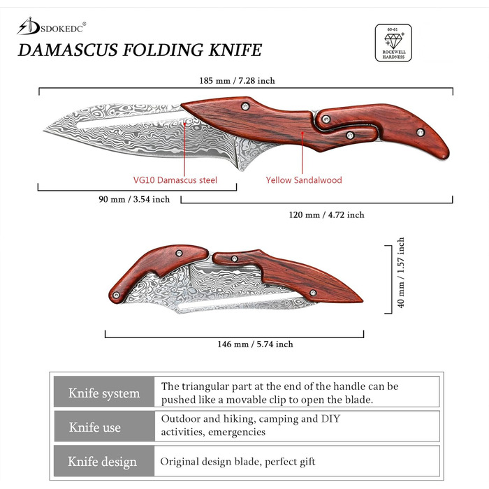 VG10 Damascus Steel Folding Pocket Knife for Men EDC Camping Outdoor Knife (Rückbiegung)