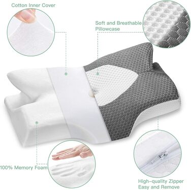 Elviros Orthopedic Memory Foam Pillow, Side Sleeper Pillow, Neck Support Pillow, Head Pillow for Neck Pain, Ergonomic Sleep Pillow for Neck and Shoulder Pain, 53.8 x 11/9 x 33 cm Dark Grey 54 x 11/9 x 33 cm
