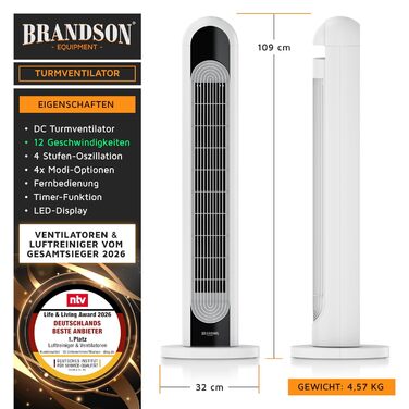 Вентилятор tower Brandson DC – тихий, 12 швидкостей, 4 режими (нормальний, природа, сон, авто), з функцією осциляції. Еко-дизайн.
