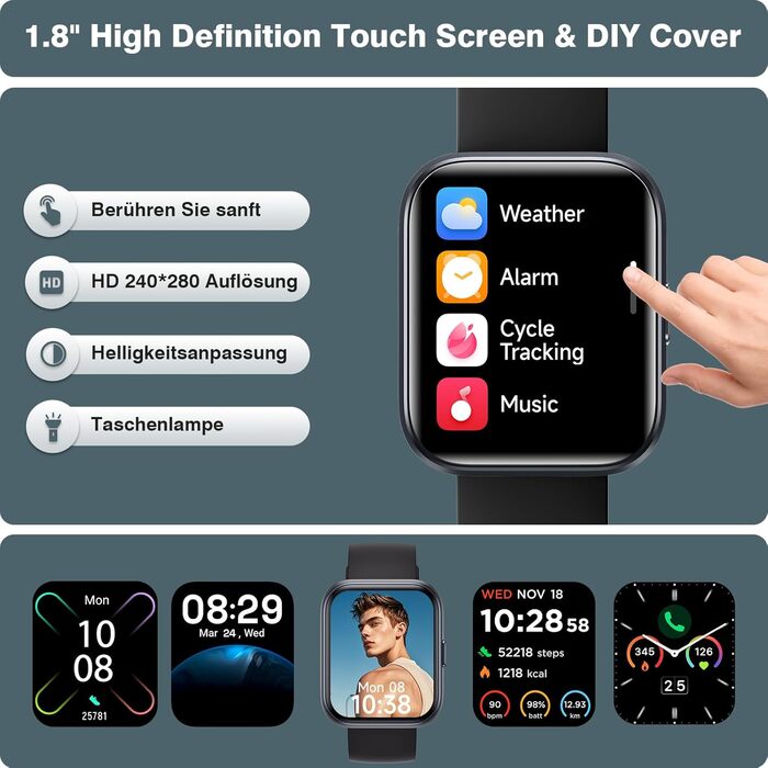 Fitpolo Розумний годинник для чоловіків та жінок, 1.8' з функцією телефону/Alexa, фітнес-годинник з моніторингом серцевого ритму/сну, водонепроникний IP68 для iPhone/Android, чорний