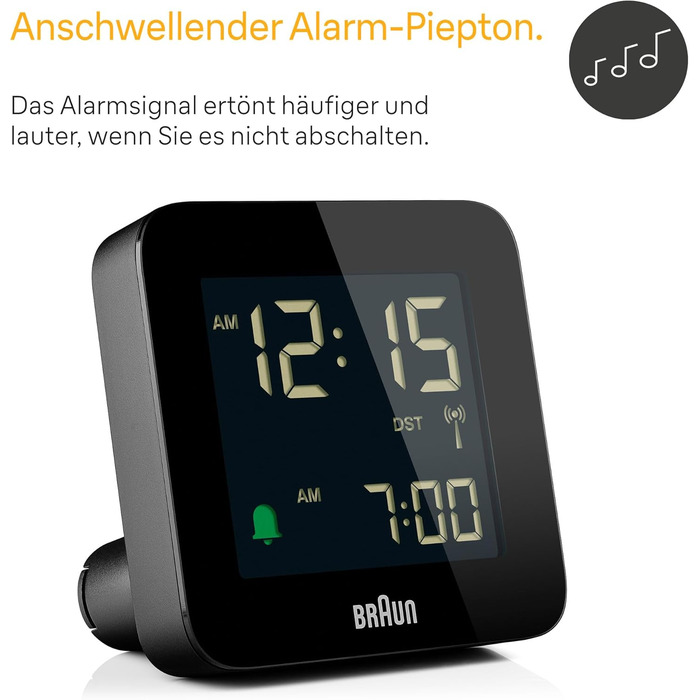 Braun Digital Radio Alarm Clock Central European Time (CET) with Snooze Function, Negative LC Display, Quick Set Function, Crescendo Alarm in Black, Model BC09B-DCF.