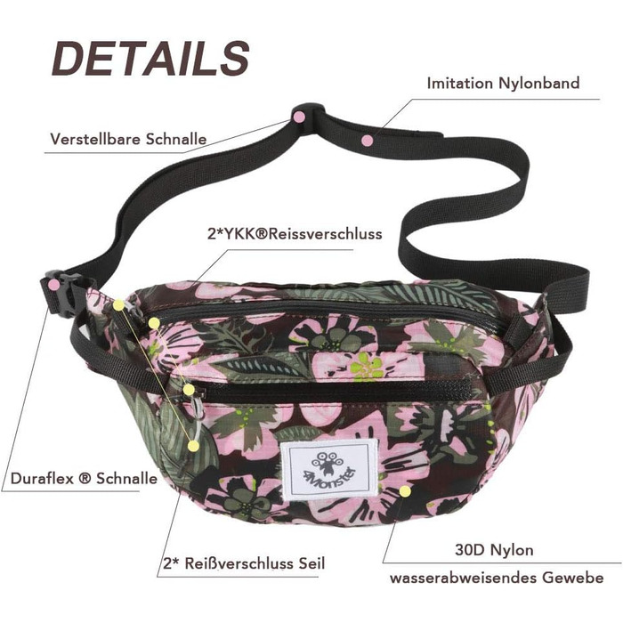 Водонепроникна поясна сумка 4Monster для чоловіків та жінок, 2L, армійний зелений/квітковий рожевий, для подорожей, спорту та активного відпочинку