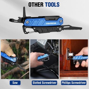 Мультитул WORKPRO 11-в-1: мультиінструмент з нержавіючої сталі з карабіном, плоскогубцями, інструментом для обрізки кабелю, відкривачем пляшок, викрутками. Підходить для активного відпочинку та повсякденного використання. У комплекті – зручна сумка.