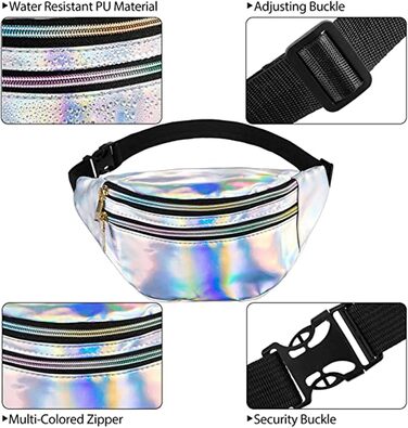 Сумка на пояс у стилі 80-х для жінок, лазерний дизайн, блискітки, регульований ремінь, водонепроникна, для відпочинку, подорожей, туризму (срібна)