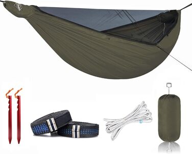 Onewind Premium 11' Camping Zippered Hammock, Single Portable Hammock with Mosquito Net and Tree Straps for Travel, Camping, Backpacking, and Hiking… (Green, 366cm*162cm)
