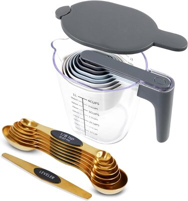 18-Piece Measuring Cup and Spoon Set, includes 10 stackable measuring cups with lids and 8 magnetic measuring spoons, for liquid and dry ingredients, BPA-free (Golden)