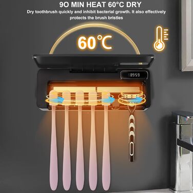 Стерилізатор зубних щіток UV з підставкою на 5 щіток, чорний. З функцією сушіння та таймером, настінний монтаж, 2000 mAh