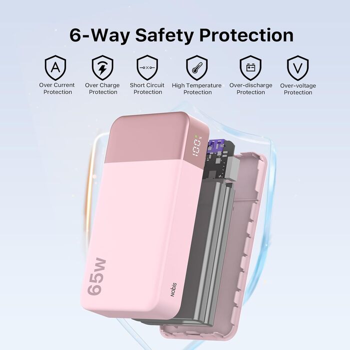 Power Bank Nobis 20000mAh 65W з цифровим дисплеєм, рожевий - портативний зарядний пристрій для ноутбука, телефону, планшета