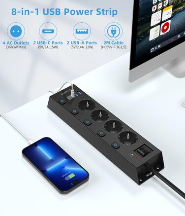 Мережевий фільтр Steckdoseleiste з індивідуальним керуванням, 5 розеток, настінний монтаж, захист від перенапруги 1050 Дж, для дому та офісу, кабель 2 м (4 розетки з USB, чорний)