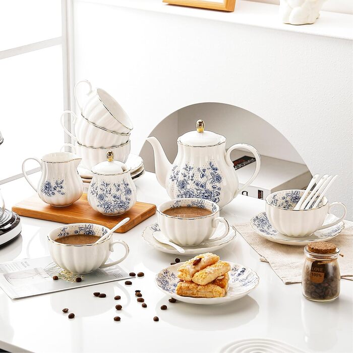 Porcelain Teaservice, Gold Tea Set for Party, Wedding (Blue)