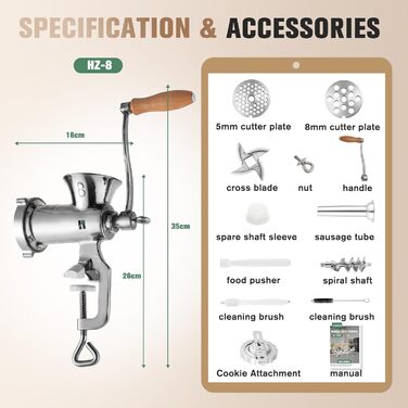 М'ясорубка ручна Huanyu з нержавіючої сталі, насадка для ковбас та печива, миється в посудомийній машині (№8)