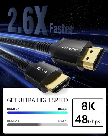 HDMI кабель Stouchi 2 м 8K 10K 4K Ultra High Speed 48Gbps 4K120 144Hz eARC HDR10 4:4 HDCP 2.2/2.3 Dolby, сумісний з Fire TV/Roku TV/PS5/Xbox Series X/Samsung/Sony/LG (2 шт., чорний)