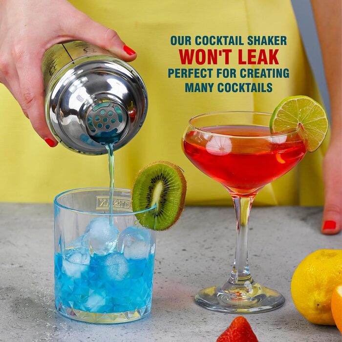 EVERYDAY COCKTAIL® Professional Glass Cocktail Shaker, 400 ml, Martini Shaker, Shaker with Recipes on the Side, Transparent Bar Shaker with Measurements, Integrated Strainer with Seal