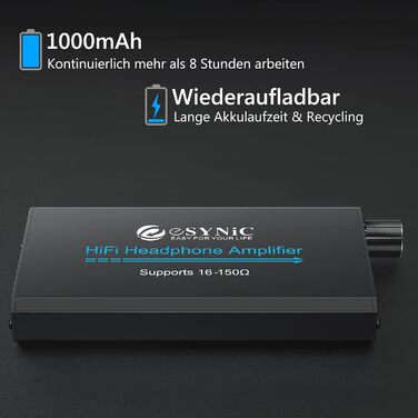 eSynic Підсилювач для навушників HiFi – портативний, для MP3/MP4, смартфонів та ПК, чорний