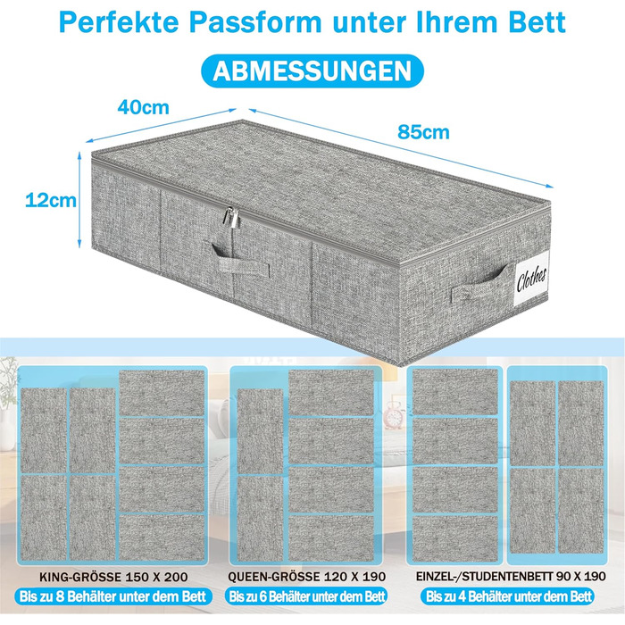 Коробки для зберігання під ліжко з кришкою, 12 см, 4 шт. Складані контейнери для одягу, ковдр та постільної білизни (Сірий)