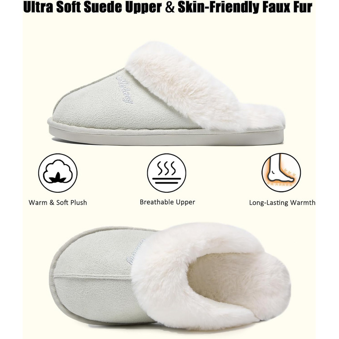 Домашні тапочки для жінок та чоловіків зимові теплі з синтетичного хутра, ламіно, штучного хутра, плюшу, пуху, м'які, нековзні, пантолетти для дому та вулиці (38.5/40 EU, Гляцієрово-сірий)