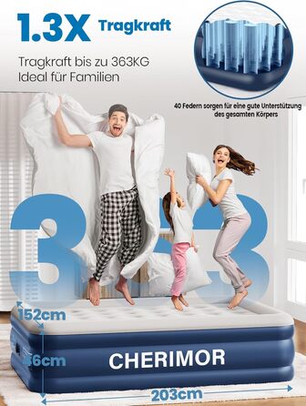 Надувне ліжко для двох осіб, самонадувна повітряна матрац для гостей з вбудованим насосом (3 хвилини), захист від проколів, надувна матрац для кемпінгу та дому, 203x152x46 см, максимальне навантаження 363 кг