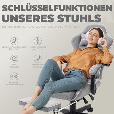 Ігровий крісло Dowinx з підголівником та підставкою для ніг, ергономічний офісний крісло з масажем, тканинний (Сірий & Рожевий)