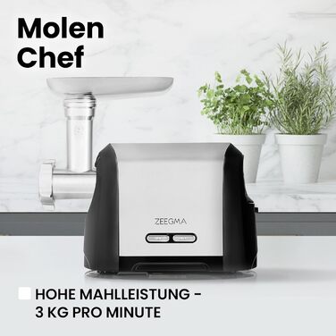 ZEEGMA Electric Meat Grinder - 1900W, Stainless Steel Plates, 3kg/min, Sausage Maker, Kubbe Maker, Chopping, Dicing, REV Function, Accessory Set - Silver