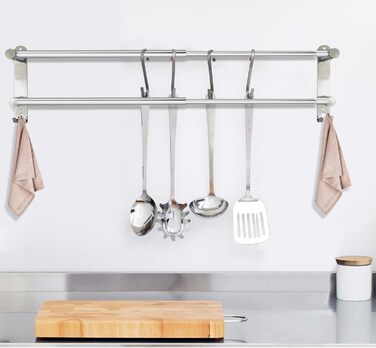 Тримач для рушників настінний з нержавіючої сталі, глянсовий, висувний, 2 стійки, 43-75 см з гачками, для ванної кімнати, монтаж на свердла або на клей - 2 способи встановлення, підходить для ванної та кухні