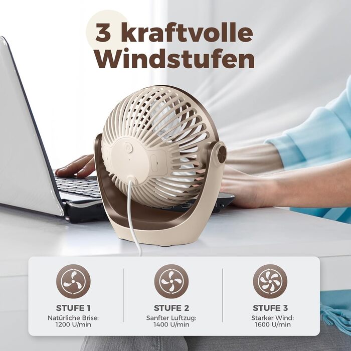 USB вентилятор OCOOPA: компактний настільний вентилятор з потужним потоком повітря та тихою роботою, 3 швидкості, 360° обертання, для офісу, дому та відпочинку на природі (коричневий)