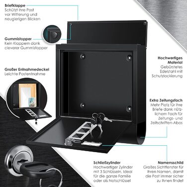 Поштова скринька KESSER® з газетним відділенням, іменним шильдиком, оглядовим вікном, нержавіюча сталь, чорний матовий, 3 ключі, настінний монтаж, велика, з матеріалом для кріплення