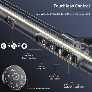 LED лампа настільна AmazLit з доглядом за очима, регульована яскравість та колірна температура, без відблисків, з жестами, пам'ять, 12W, чорна