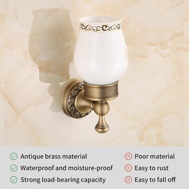 Brass toothbrush holder, antique bronze finish, cup holder with white ceramic cup, wall-mounted, bathroom accessories, patterned carved design