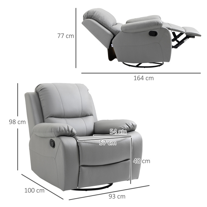 HOMCOM Swivel Recliner TV Chair, 135° Reclining with Footrest, Polyester, Grey, Up to 150 kg (220 lbs), 72x71x60cm (28x28x24 inches) for Comfort and Relaxation