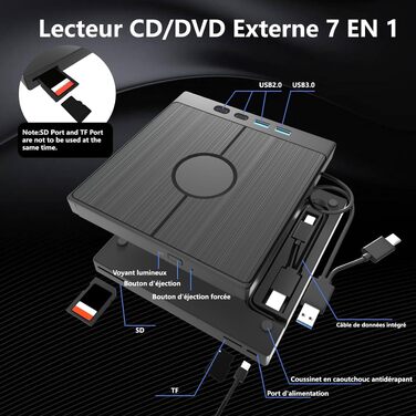 Зовнішній CD/DVD-привід для ПК USB 3.0 Type-C з 4 USB-портами та картридером SD/TF, тонкий багатофункціональний DVD-RW накопичувач для Windows 11/10/8/7/XP
