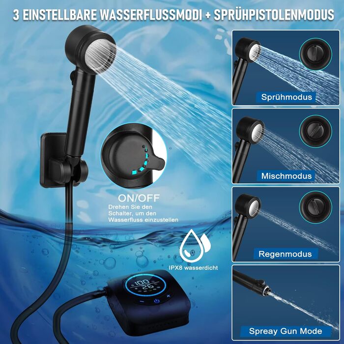 Camping Shower, [8000mAh] Portable Camping Shower with Pump and Temperature Gauge, Mobile Outdoor Shower Set with Showerhead and 2M Hose for Camping, Garden, Car Washing, Beach, Travel, Pet