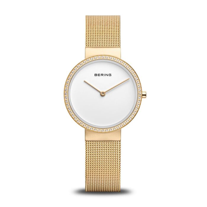 Жіночий кварцовий годинник Bering Minimalist 14531: сталевий корпус 31 мм, міланський ремінець, сапфірове скло, водозахист 5 ATM