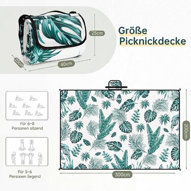 Плед для пікніка HAUSPROFI 200x300 см, водонепроникний, ізольований, зелений з квітковим малюнком. Для пляжу, кемпінгу, з ручкою та кілочками