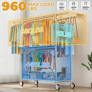 Вішалка для одягу Bomclap з міцним навантаженням, хромована, з колесами, висувна, 3 перекладини, 8 гачків, металева полиця, до 160 кг