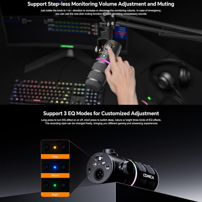 Мікрофон Comica D10 EIN з підсвічуванням RGB, XLR/USB, для стрімінгу, TikTok, подкастів та запису голосу. Сумісний з PC, Smartphone, Computer, Mac, PS4/5.