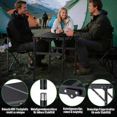 Складний кемпінговий стіл GARLLEN 60x40 см, регульована висота (27/51/75 см), чорний - для пікніка, саду, балкону, пляжу