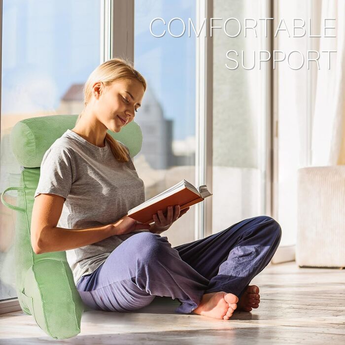 Подушка для читання з велюру, підтримка спини та рук для дорослих, кругла подушка для ліжка, з кишенею та знімним чохлом (зелена)