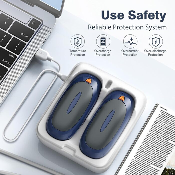 Електричні грілки для рук 2 шт. 4000mAh з зарядним кейсом 10000mAh, 3 режими нагріву, USB-C, для катання на лижах, кемпінгу, подарунок (темно-синій)