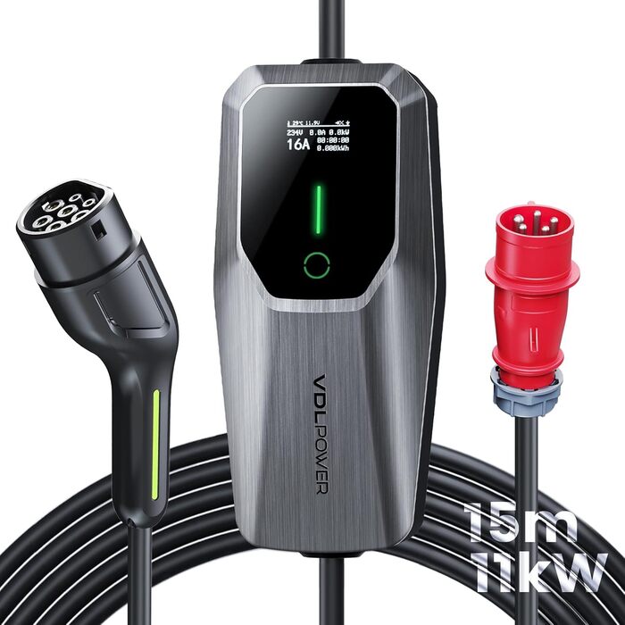 Кабель для зарядки електромобіля Type 2, 3.6KW, 6A-16A, LED-дисплей, 15м, IP65, IEC 62196-2, EU-Schuko