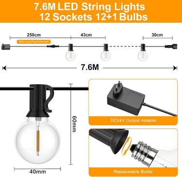LED гірлянда GLUROO для вулиці, 7.6м, 12+1 G40 лампочки, вологостійка, тепле біле світло, для саду, вечірок
