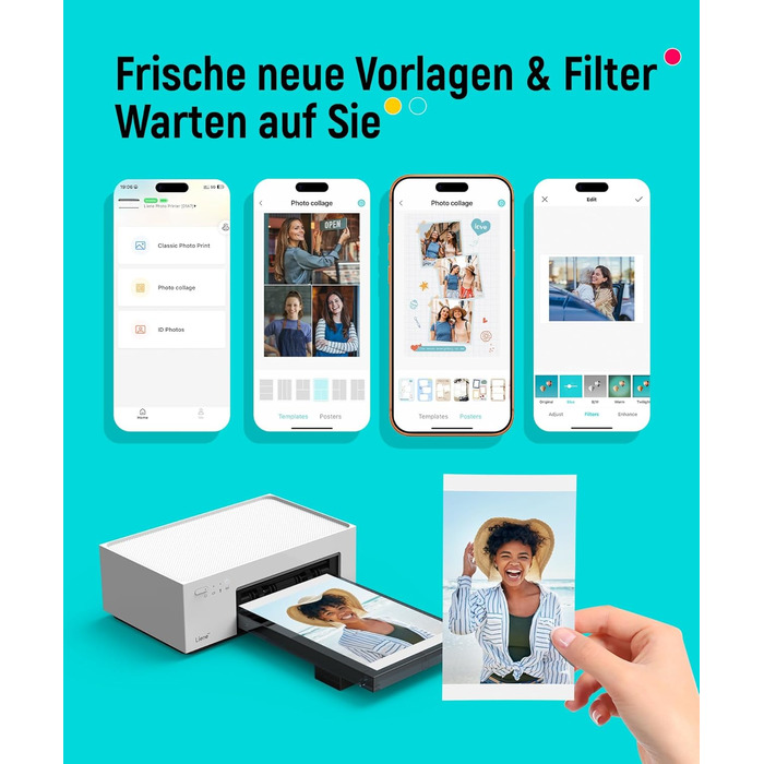 Портативний фотодрук для смартфонів Liene (10x15 см) + 2 пачки фотопаперу (20+80 аркушів), WiFi, сублімація, для iPhone/Android/PC, білий