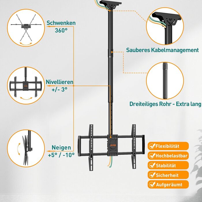 ELIVED Adjustable Ceiling TV Mount for 37-75 inch Flat & Curved TVs - VESA 600x400mm, 50kg Capacity