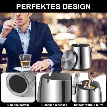 Нержавійна попільничка для вулиці та дому з кришкою, з антиковзною основою (срібна)