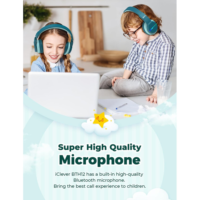 iClever навушники Bluetooth для дітей з LED-підсвіткою, Over-Ear, обмеження гучності 74/85dBA, 85 годин роботи, Bluetooth 5.2, мікрофон, BTH12, зелені